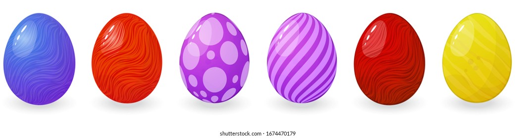 Vector illustration set of colorful easter eggs in different colors in cartoon style with patterns. Vintage for designers, bright realistic colored eggs with shadow with texture isolated on a white 