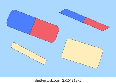 Ilustração vetorial de um conjunto de borrachas coloridas em um fundo azul. Ideal para promoções de volta à escola e temas educacionais.