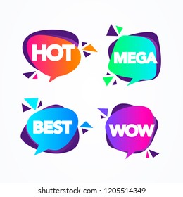Vector illustration set of colorful flat speech bubble shaped banners and geometric elements, price tags, stickers, badges.