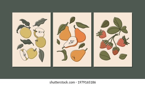 Vector illustration set of colorful fruits isolated on beige. Vintage style drawn, strawbwrries, pears, apples. Collection of contemporary art for print, social media