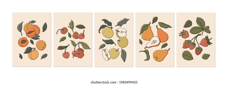 Vector illustration set of colorful fruits isolated on beige. Vintage style drawn apricots or peaches, strawbwrries, pears, apples and cherries. Collection of contemporary art for print