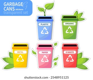 Vector illustration of a set of colorful garbage cans with recycling symbols on a transparent background.  Stickers