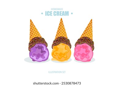 Vector illustration set of colorful gelato ice cream in crispy waffle cones, berry, orange, strawberry, milk, various flavors, toppings, bakery, cold desserts, and ice cream isolated illustrations.

