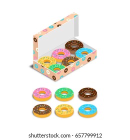 Vector illustration. Set of colorful glazed donuts, with pastry powder, in a box. Icons. Isometric, 3D.