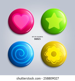 Vector illustration. Set of colorful glossy badges, magnet.