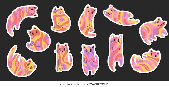 Vector illustration set of colorful groovy icons with abstract cats characters isolated on black background. Modern funky animal design elements for sticker print, card