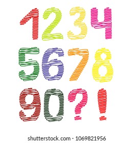 Vector illustration. Set of colorful hand-drawn numbers from zero to nine.