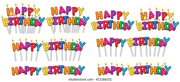Vector illustration set of colorful Happy Birthday text on stick and candles.