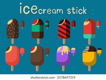 vector illustration, set of colorful ice cream  on a strick in many colors 