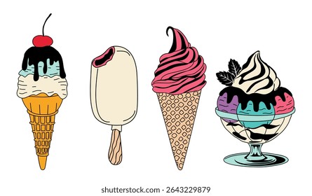 Ilustração vetorial conjunto de doces coloridos de sorvete, incluindo cones, picolé e sundae com xarope e cereja. Coleção de sobremesa desenhada à mão em estilo moderno e arrojado, isolada em branco.