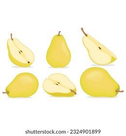 Ilustración vectorial del conjunto de íconos coloridos de la fruta de pera, entero y cortado en fondo blanco. Diseño para textiles, etiquetas, carteles, elementos web. Frutos verdes y amarillos de pera en dibujos animados de estilo plano
