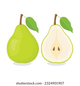 Vector illustration of set of colorful icons pear fruit, whole and cut on white background. Design for textiles, labels, posters, web elements. Green and yellow pear fruit in cartoon flat style