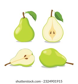 Vector illustration of set of colorful icons pear fruit, whole and cut on white background. Design for textiles, labels, posters, web elements. Green and yellow pear fruit in cartoon flat style