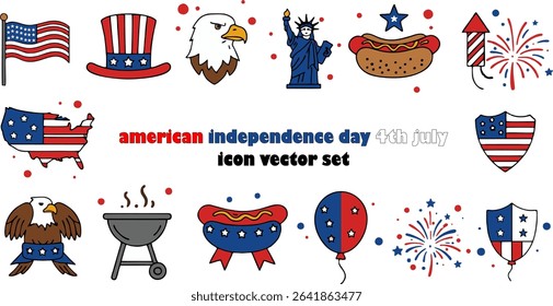 Vector illustration set of colorful icons for the 4th of July, featuring patriotic elements such as the American flag, bald eagle, fireworks, barbecue grill, hot dog, Statue of Liberty, and more. 