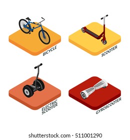 Vector illustration. Set of colorful icons transport for extreme sports. Bicycle, scooter, gyroscooter, electric scooter. Isometric, 3D