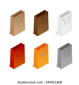 Vector illustration. Set of colorful icons of empty shopping bags. Isometric 3D.