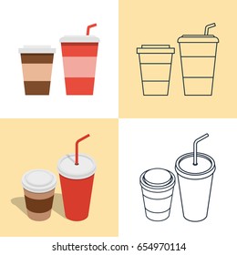 Vector illustration. Set of colorful icons of hot and cold drinks for fast food restaurant. Disposable glasses with a straw. Isometric, 3D, flat style and contour.