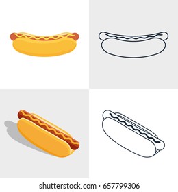 Vector illustration. Set of colorful icons hot dog, sausages. Isometric, flat style, outline. Design for a fast food restaurant