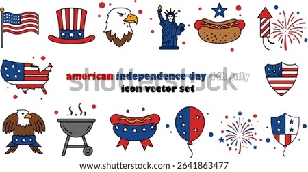 Vector illustration set of colorful icons for the 4th of July, featuring patriotic elements such as the American flag, bald eagle, fireworks, barbecue grill, hot dog, Statue of Liberty, and more. 