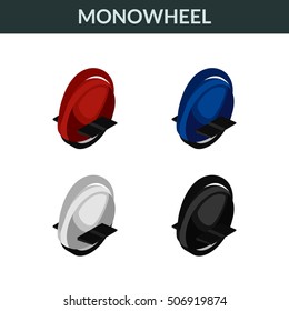 Vector illustration. Set of colorful isometric icons electric unicycle, environmentally friendly balancing scooter, monowheel. 3D