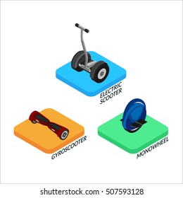 Vector illustration. Set of colorful isometric icons electric balancing scooters. monowheel, gyroscooter. 3D