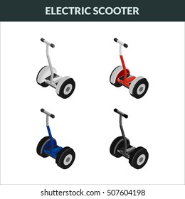Vector illustration. Set of colorful isometric icons two-wheeled, eco electric scooters. 3D
