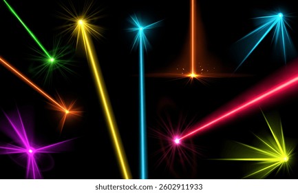 Vector illustration of a set of colorful laser beams and flashes on a black isolated background. Suitable for clubs, parties and futuristic entertainment designs. Abstract.