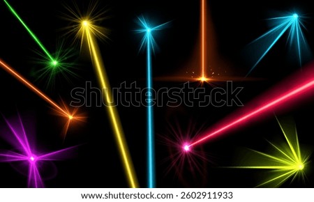 Vector illustration of a set of colorful laser beams and flashes on a black isolated background. Suitable for clubs, parties and futuristic entertainment designs. Abstract.