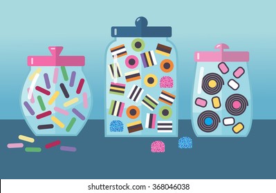 A vector illustration. Set of colorful licorice candies in glass candy jars on white background