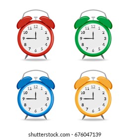 Vector illustration. Set of colorful mechanical classic retro alarm clocks icons. Red, green, blue, yellow