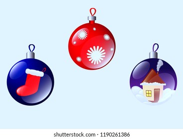 The vector illustration of the set of the colorful New Year toys isolated in the white background