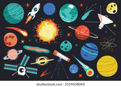 Vector illustration set of colorful planets, rockets, stars, comets, and telescopes on black background. Space collection for astronomy, science, and outer space exploration themes, children books