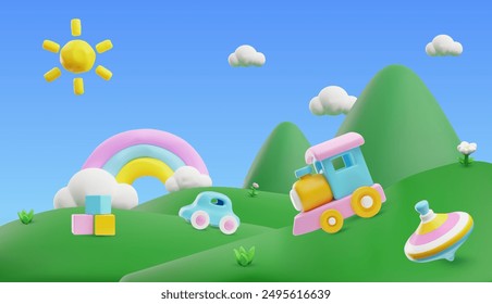 Conjunto de Ilustración vectorial de colorido patio de juegos con iconos 3D de juguetes, incluyendo un tren, coche, spinning top, bloques y arco iris. El sol brillante, las nubes suaves y las verdes colinas crean una atmósfera lúdica.