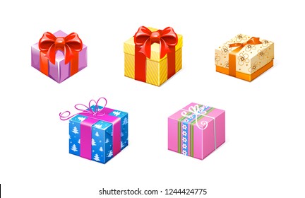 vector illustration of set colorful present boxes in paper wrapper with bow 