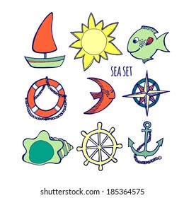 vector illustration. Set of colorful sea elements isolated on white background
