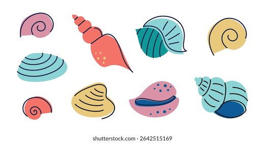 Vector illustration set of colorful sea shells in doodle cartoon style. Marine seashell icons collection for summer decorations, beach design, ocean patterns, seaside souvenirs, childrens books