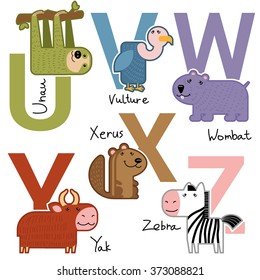 Vector illustration set Colorful simple Zoo and farm childish animals for children Characters different poses Unau vulture wombat xerus zebra yak ABC for education school kindergarten day care center