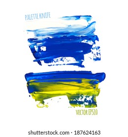Vector illustration. Set of colorful spot, painted with a palette knife, isolated on  white background. white-blue-yellow