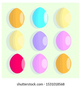 Vector illustration with set of colorful three-dimensional Easter eggs on a green background.  Postcards, invitations, greeting cards, web design, printing products can be used. 
