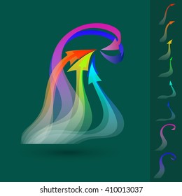 Vector illustration of set of colorful twisted  arrows on green background.