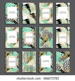 Vector illustration set of colorful universal cards. Brush textures Design for Flyers, Placards, Posters, Invitations, Brochures,  Abstract Modern Style, Wedding, anniversary, birthday, holiday, party
