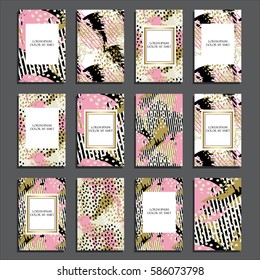 Vector illustration set of colorful universal cards. Brush textures Design for Flyers, Placards, Posters, Invitations, Brochures,  Abstract Modern Style, Wedding, anniversary, birthday, holiday, party