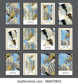 Vector illustration set of colorful universal cards. Brush textures Design for Flyers, Placards, Posters, Invitations, Brochures,  Abstract Modern Style, Wedding, anniversary, birthday, holiday, party