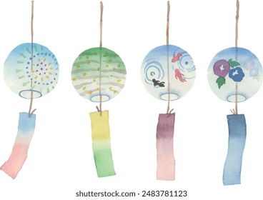 Vector illustration of a set of colorful wind chimes