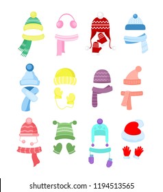 Vector illustration set of colorful winter or autumn hats, headwear collection. Knitting hats, scarves and gloves for girls and boys isolated on white background in cartoon flat style.