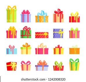 Vector illustration set of colorful wrapped gift boxes, present, celebration event, surprise, greeting. Cartoon collection in flat style for Christmas, New Year, Birthday, Valentine day. 