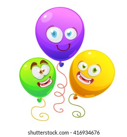 Vector illustration of a set of colourful birthday or party balloons and ribbons with funny smyle