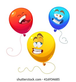 Vector illustration of a set of colourful birthday or party balloons and ribbons with funny smyle