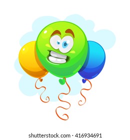 Vector illustration of a set of colourful birthday or party balloons and ribbons with funny smyle