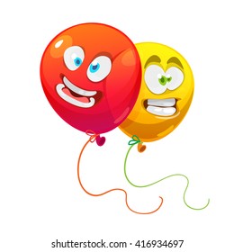 Vector illustration of a set of colourful birthday or party balloons and ribbons with funny smyle